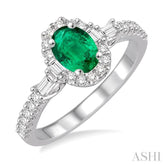 6x4 MM Oval Shape Emerald and 3/8 Ctw Diamond Precious Ring in 14K White Gold