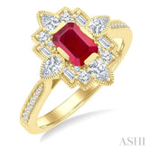 6X4 MM Octagon Cut Ruby and 5/8 Ctw Art Deco Mixed Diamond Cut Precious Fashion Ring in 14K Yellow Gold