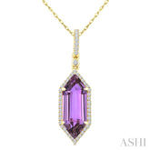 16X6 MM Evoque Gemstones Hexagon Shape Amethyst and 1/5 Ctw Round Cut Diamond Semi-Precious Pendant With Chain in 10K Yellow Gold