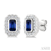 5X3 MM Octagon Shape Sapphire and 1/4 Ctw Round Cut Diamond Bold Precious Earrings in 10K White Gold