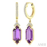 12X5 MM Evoque Gemstones Hexagon Shape Amethyst and 1/6 Ctw Round Cut Diamond Semi-Precious Earrings in 10K Yellow Gold