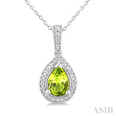 7X5 MM Pear Shape Peridot and 1/50 Ctw Round Cut Diamond Semi-Precious Pendant With Chain in Sterling Silver