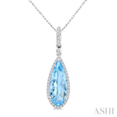 16X6 MM Evoque Gemstones Pear Shape Blue Topaz and 1/5 Ctw Round Cut Diamond Semi-Precious Pendant With Chain in 10K White Gold