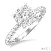 1/2 Ctw Lovebright Circular Shape Rope Textured Shank Round Cut Diamond Cluster Ring in 14K White Gold
