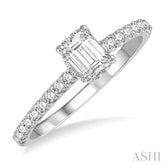 5/8 Ctw Round Cut Diamond Ladies Engagement Ring With 3/8 Ct Emerald Cut Center Stone in 14K White Gold