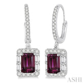 6x4 MM Emerald Cut Rhodolite Garnet and 5/8 Ctw Diamond Semi-Precious Earrings in 14K White Gold