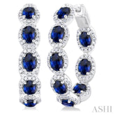 4X3 MM Oval Shape Sapphire and 3/4 Ctw Interior & Exterior Round Cut Diamond Halo Precious Hoop Earrings in 14K White Gold
