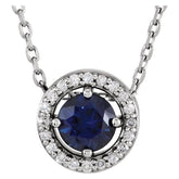 14K White Gold Natural Blue Sapphire & .05 CTW Natural Diamond Halo-Style 16" Necklace