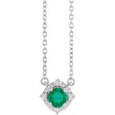 14K White Gold Lab-Grown Emerald & .04 CTW Natural Diamond Halo-Style 18" Necklace