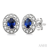 4X3 MM Oval Shaped Sapphire and 1/10 Ctw Round Cut Diamond Earrings in 10K White Gold