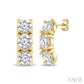 1 Ctw 3-Stone Round Cut Diamond Fashion Earrings in 14K Yellow Gold