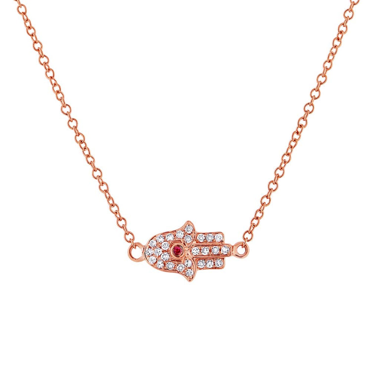 0.08ct Diamond & 0.01ct Ruby 14k Rose Gold Hamsa Necklace 0.08ct Diamond & 0.01ct Ruby 14k Rose Gold Hamsa Necklace