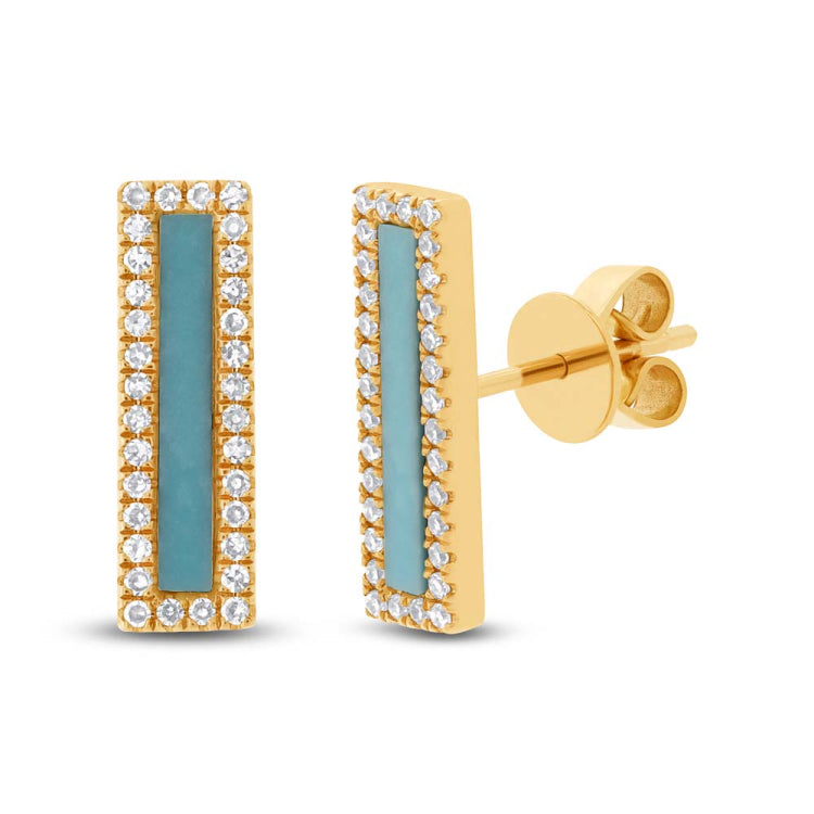 0.22ct Diamond & 0.58ct Composite Turquoise 14k Yellow Gold Bar Earring 0.22ct Diamond & 0.58ct Composite Turquoise 14k Yellow Gold Bar Earring