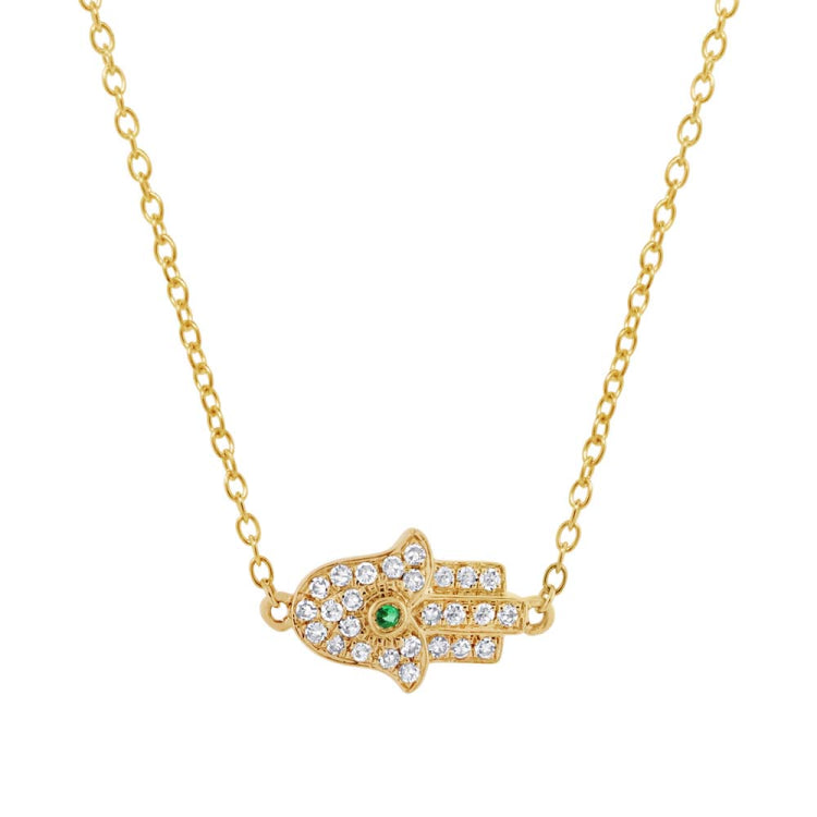 0.08ct Diamond & 0.01ct Emerald 14k Yellow Gold Hamsa Necklace 0.08ct Diamond & 0.01ct Emerald 14k Yellow Gold Hamsa Necklace