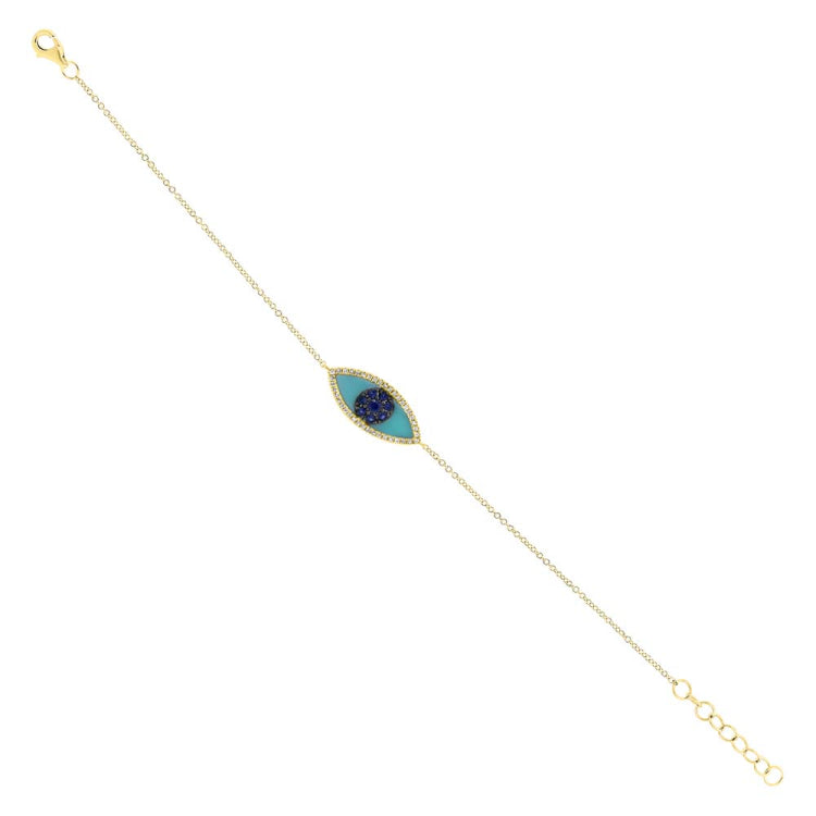 0.06ct Diamond & 0.20ct Blue Sapphire & C. Turquoise 14k Yellow Gold Eye Bracelet 0.06ct Diamond & 0.20ct Blue Sapphire & C. Turquoise 14k Yellow Gold Eye Bracelet