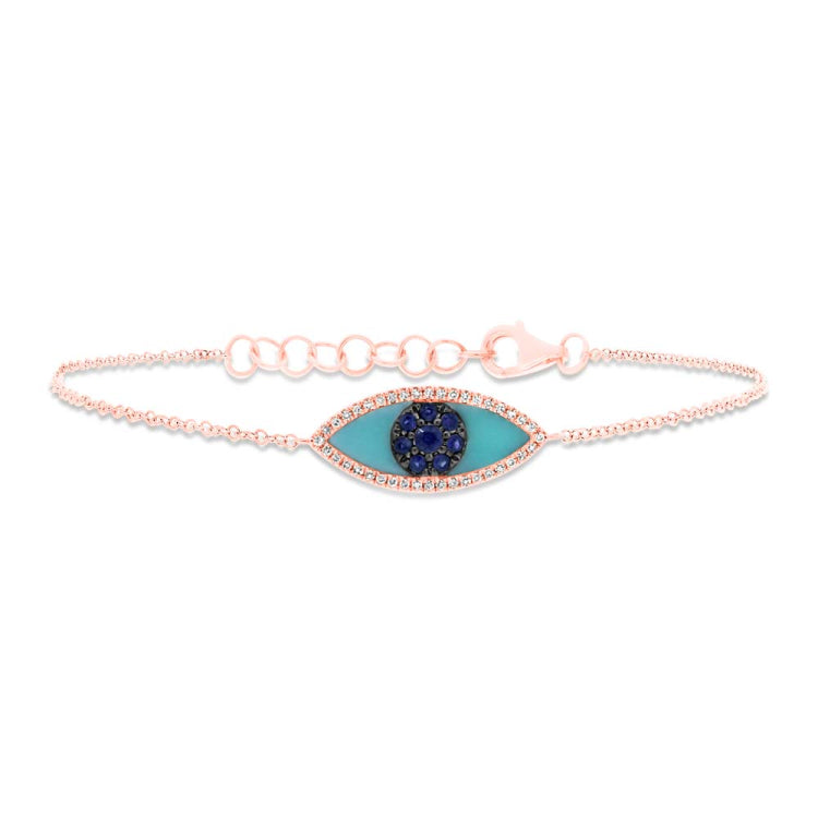 0.06ct Diamond & 0.20ct Blue Sapphire & C. Turquoise 14k Rose Gold Eye Bracelet 0.06ct Diamond & 0.20ct Blue Sapphire & C. Turquoise 14k Rose Gold Eye Bracelet