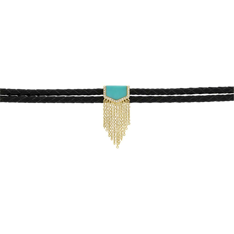 0.06ct Diamond & 0.95ct Composite Turquoise 14k Yellow Gold Fringe Cord Choker Necklace 0.06ct Diamond & 0.95ct Composite Turquoise 14k Yellow Gold Fringe Cord Choker Necklace