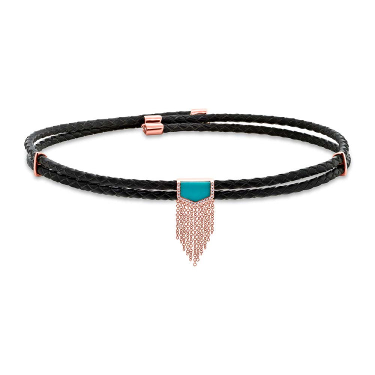 0.06ct Diamond & 0.95ct Composite Turquoise 14k Rose Gold Fringe Cord Choker Necklace 0.06ct Diamond & 0.95ct Composite Turquoise 14k Rose Gold Fringe Cord Choker Necklace