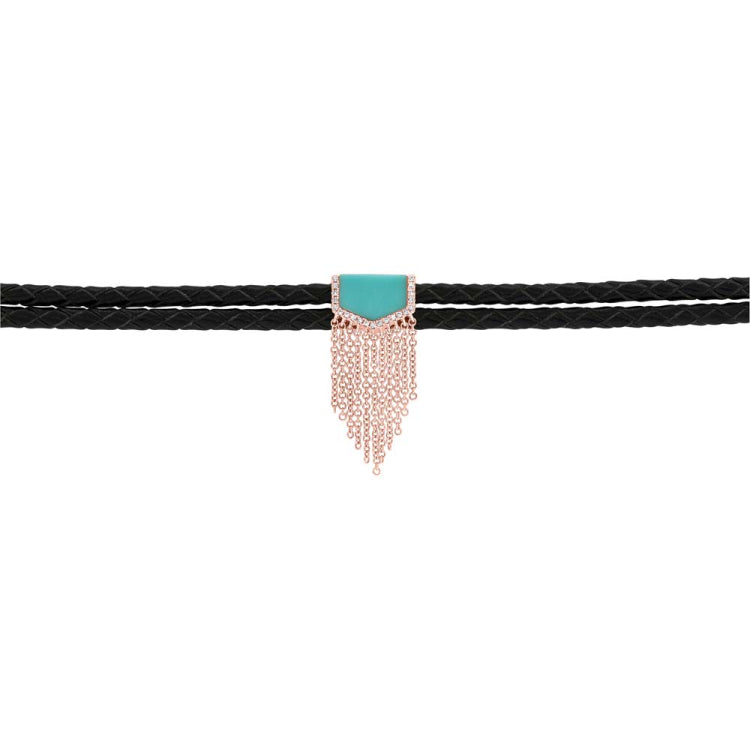 0.06ct Diamond & 0.95ct Composite Turquoise 14k Rose Gold Fringe Cord Choker Necklace 0.06ct Diamond & 0.95ct Composite Turquoise 14k Rose Gold Fringe Cord Choker Necklace