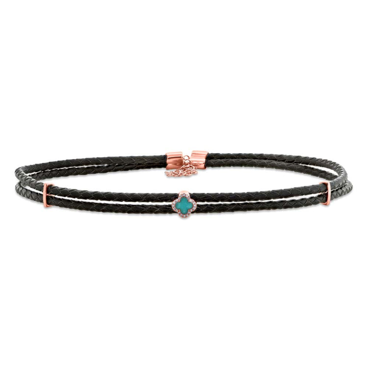 0.06ct Diamond & 0.25ct Composite Turquoise 14k Rose Gold Clover Cord Choker Necklace 0.06ct Diamond & 0.25ct Composite Turquoise 14k Rose Gold Clover Cord Choker Necklace