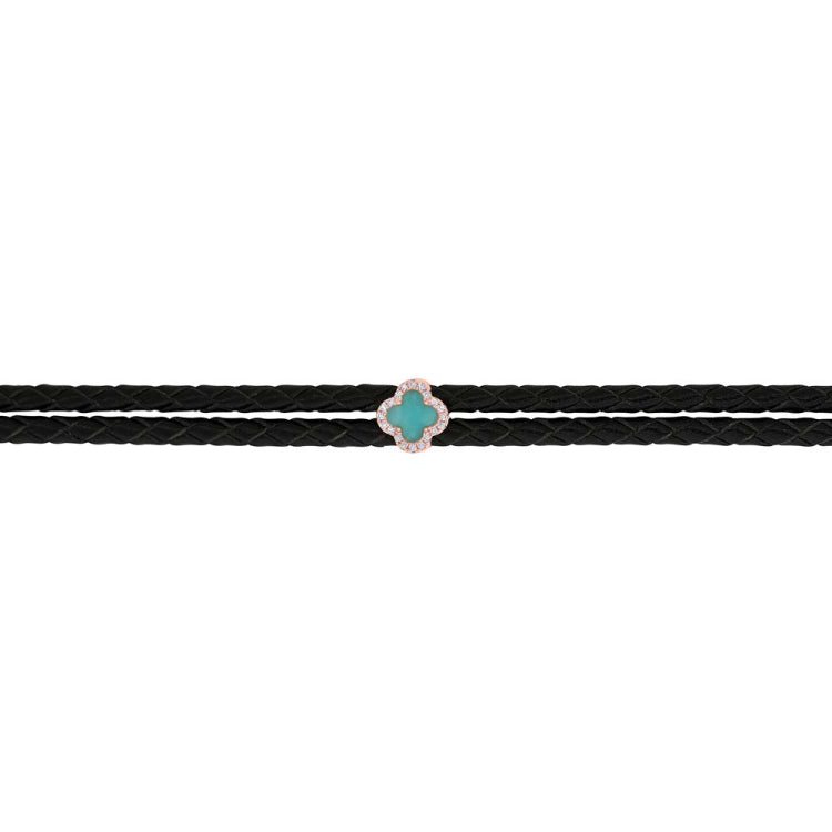 0.06ct Diamond & 0.25ct Composite Turquoise 14k Rose Gold Clover Cord Choker Necklace 0.06ct Diamond & 0.25ct Composite Turquoise 14k Rose Gold Clover Cord Choker Necklace