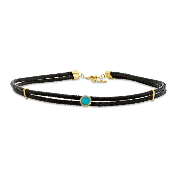 0.06ct Diamond & 0.45ct Composite Turquoise 14k Yellow Gold Circle Cord Choker Necklace 0.06ct Diamond & 0.45ct Composite Turquoise 14k Yellow Gold Circle Cord Choker Necklace