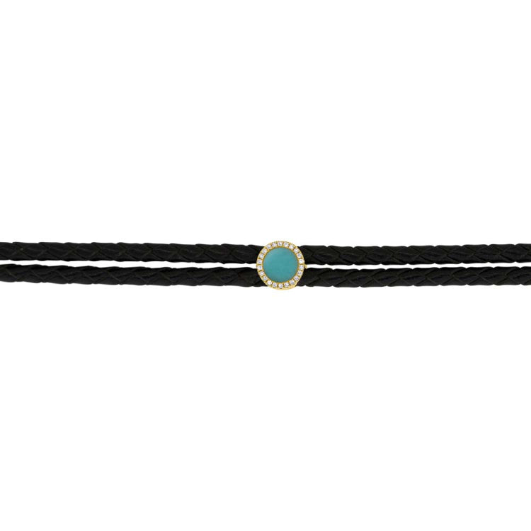0.06ct Diamond & 0.45ct Composite Turquoise 14k Yellow Gold Circle Cord Choker Necklace 0.06ct Diamond & 0.45ct Composite Turquoise 14k Yellow Gold Circle Cord Choker Necklace