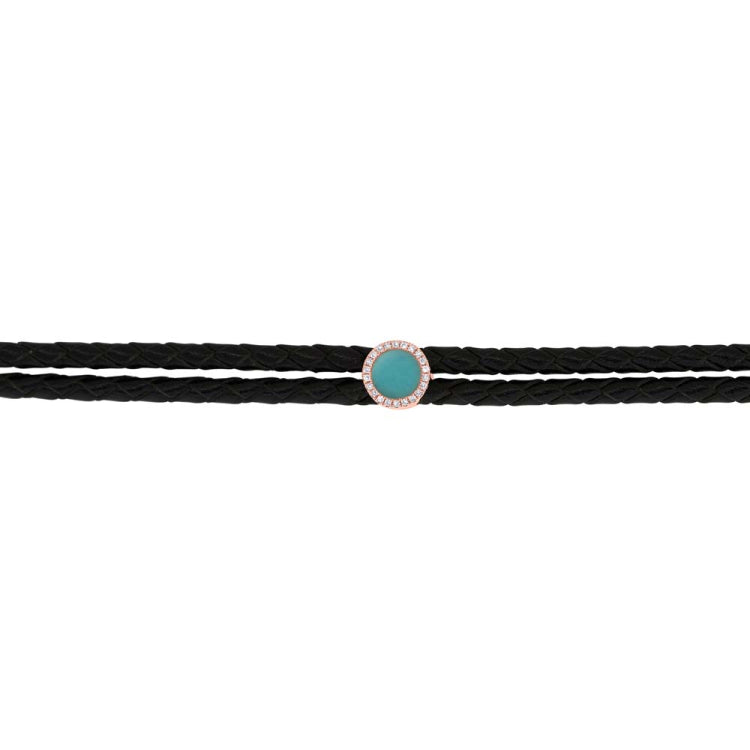 0.06ct Diamond & 0.45ct Composite Turquoise 14k Rose Gold Circle Cord Choker Necklace 0.06ct Diamond & 0.45ct Composite Turquoise 14k Rose Gold Circle Cord Choker Necklace