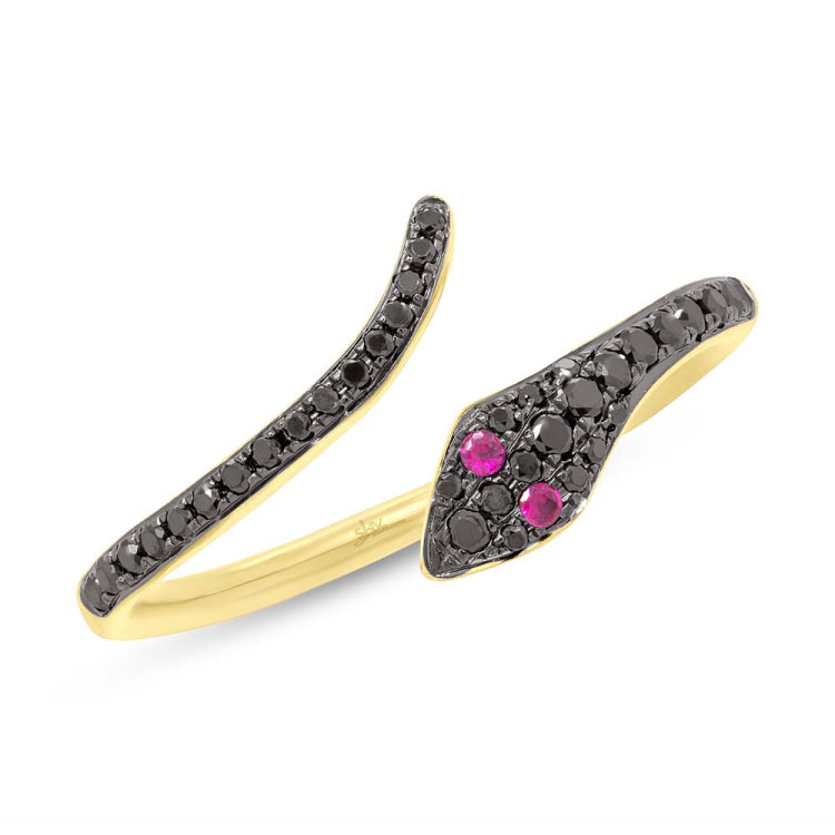 0.20ct Black Diamond & 0.03ct Ruby 14k Yellow Gold Snake Ring 0.20ct Black Diamond & 0.03ct Ruby 14k Yellow Gold Snake Ring