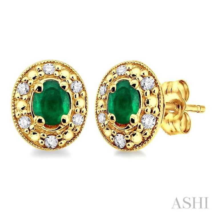 4x3 MM Oval Shaped Emerald and 1/10 ctw Single Cut Diamond Earrings in 14K Yellow Gold 4x3 MM Oval Shaped Emerald and 1/10 ctw Single Cut Diamond Earrings in 14K Yellow Gold