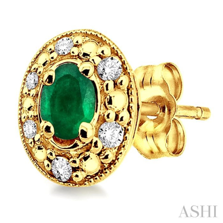 4x3 MM Oval Shaped Emerald and 1/10 ctw Single Cut Diamond Earrings in 14K Yellow Gold 4x3 MM Oval Shaped Emerald and 1/10 ctw Single Cut Diamond Earrings in 14K Yellow Gold