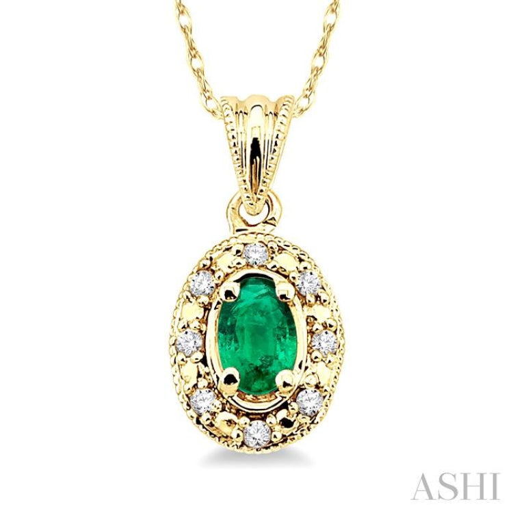 5x3 MM Oval Shape Emerald and 1/20 Ctw Single Cut Diamond Pendant in 14K Yellow Gold with Chain 5x3 MM Oval Shape Emerald and 1/20 Ctw Single Cut Diamond Pendant in 14K Yellow Gold with Chain