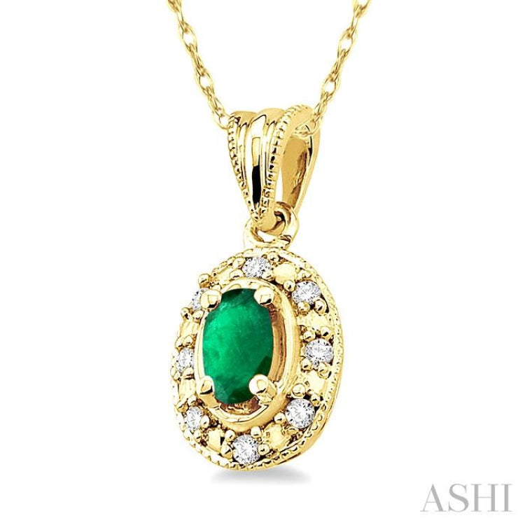 5x3 MM Oval Shape Emerald and 1/20 Ctw Single Cut Diamond Pendant in 14K Yellow Gold with Chain 5x3 MM Oval Shape Emerald and 1/20 Ctw Single Cut Diamond Pendant in 14K Yellow Gold with Chain