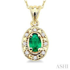 5x3 MM Oval Shape Emerald and 1/20 Ctw Single Cut Diamond Pendant in 14K Yellow Gold with Chain 5x3 MM Oval Shape Emerald and 1/20 Ctw Single Cut Diamond Pendant in 14K Yellow Gold with Chain