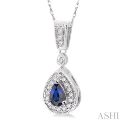 6x4 MM Pear Shape Sapphire and 1/6 Ctw Round Cut Diamond Pendant in 14K White Gold with Chain 6x4 MM Pear Shape Sapphire and 1/6 Ctw Round Cut Diamond Pendant in 14K White Gold with Chain