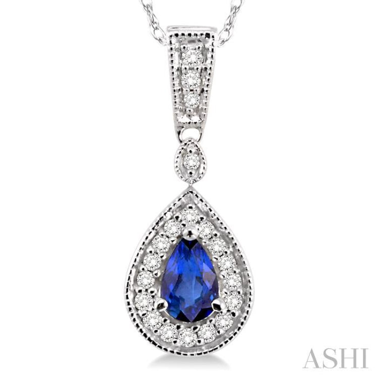 6x4 MM Pear Shape Sapphire and 1/6 Ctw Round Cut Diamond Pendant in 14K White Gold with Chain 6x4 MM Pear Shape Sapphire and 1/6 Ctw Round Cut Diamond Pendant in 14K White Gold with Chain