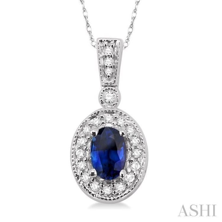 6x4 MM Oval Cut Sapphire and 1/8 Ctw Round Cut Diamond Pendant in 14K White Gold with Chain 6x4 MM Oval Cut Sapphire and 1/8 Ctw Round Cut Diamond Pendant in 14K White Gold with Chain