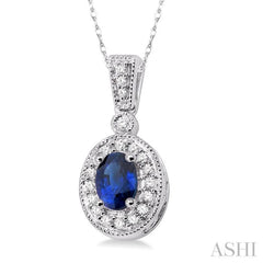 6x4 MM Oval Cut Sapphire and 1/8 Ctw Round Cut Diamond Pendant in 14K White Gold with Chain 6x4 MM Oval Cut Sapphire and 1/8 Ctw Round Cut Diamond Pendant in 14K White Gold with Chain