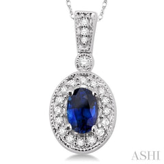 6x4 MM Oval Cut Sapphire and 1/8 Ctw Round Cut Diamond Pendant in 14K White Gold with Chain 6x4 MM Oval Cut Sapphire and 1/8 Ctw Round Cut Diamond Pendant in 14K White Gold with Chain