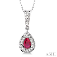 6x4 MM Pear Shape Ruby and 1/6 Ctw Round Cut Diamond Pendant in 14K White Gold with Chain 6x4 MM Pear Shape Ruby and 1/6 Ctw Round Cut Diamond Pendant in 14K White Gold with Chain