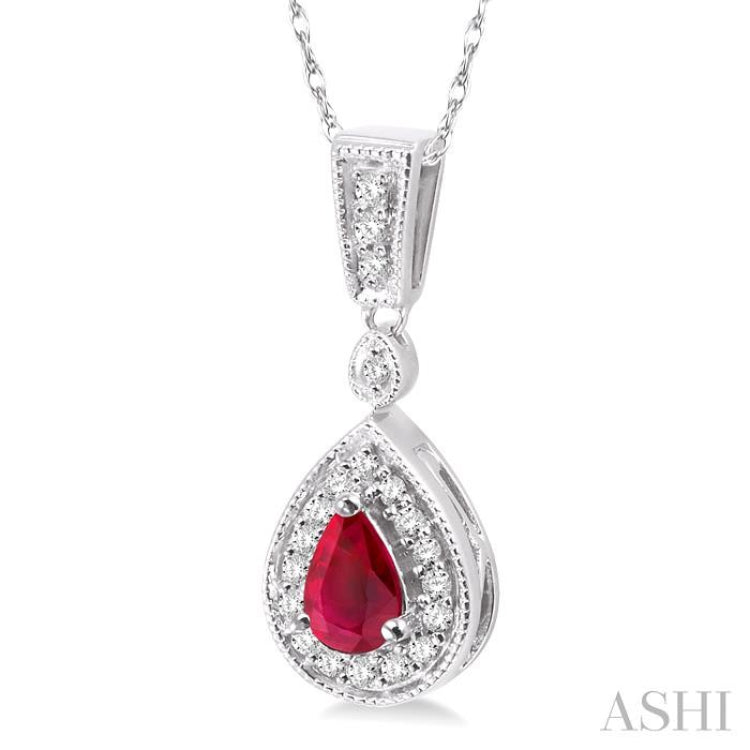 6x4 MM Pear Shape Ruby and 1/6 Ctw Round Cut Diamond Pendant in 14K White Gold with Chain 6x4 MM Pear Shape Ruby and 1/6 Ctw Round Cut Diamond Pendant in 14K White Gold with Chain