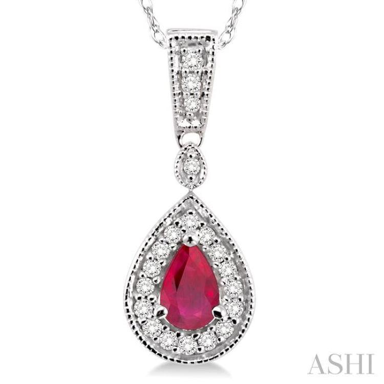 6x4 MM Pear Shape Ruby and 1/6 Ctw Round Cut Diamond Pendant in 14K White Gold with Chain 6x4 MM Pear Shape Ruby and 1/6 Ctw Round Cut Diamond Pendant in 14K White Gold with Chain