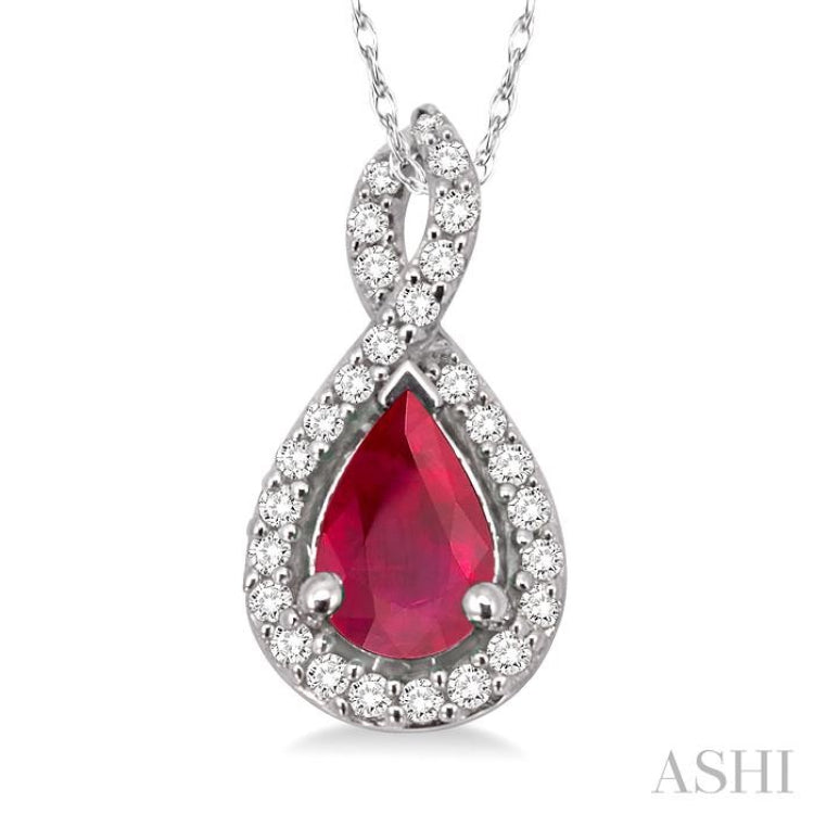 6x4 MM Pear Shape Ruby and 1/10 Ctw Round Cut Diamond Pendant in 14K White Gold with Chain 6x4 MM Pear Shape Ruby and 1/10 Ctw Round Cut Diamond Pendant in 14K White Gold with Chain