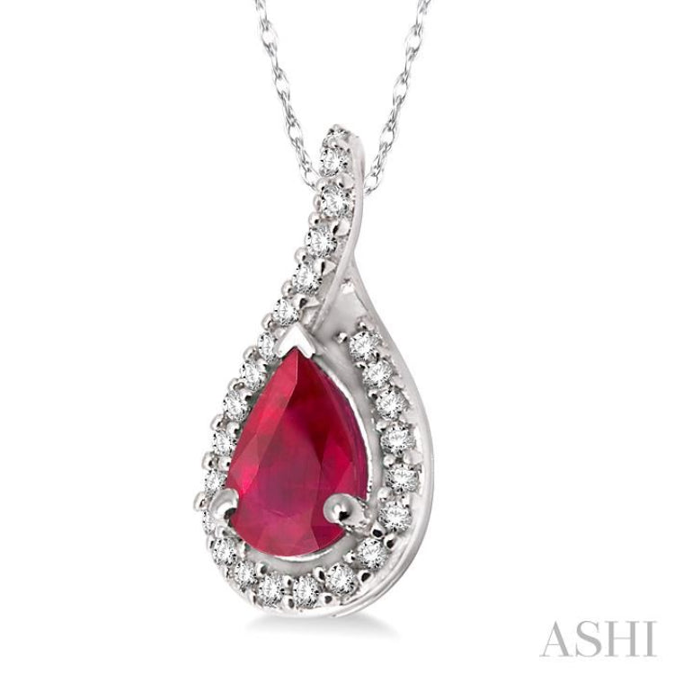 6x4 MM Pear Shape Ruby and 1/10 Ctw Round Cut Diamond Pendant in 14K White Gold with Chain 6x4 MM Pear Shape Ruby and 1/10 Ctw Round Cut Diamond Pendant in 14K White Gold with Chain