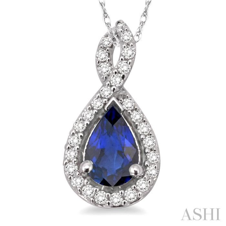 6x4 MM Pear Shape Sapphire and 1/10 Ctw Round Cut Diamond Pendant in 14K White Gold with Chain 6x4 MM Pear Shape Sapphire and 1/10 Ctw Round Cut Diamond Pendant in 14K White Gold with Chain