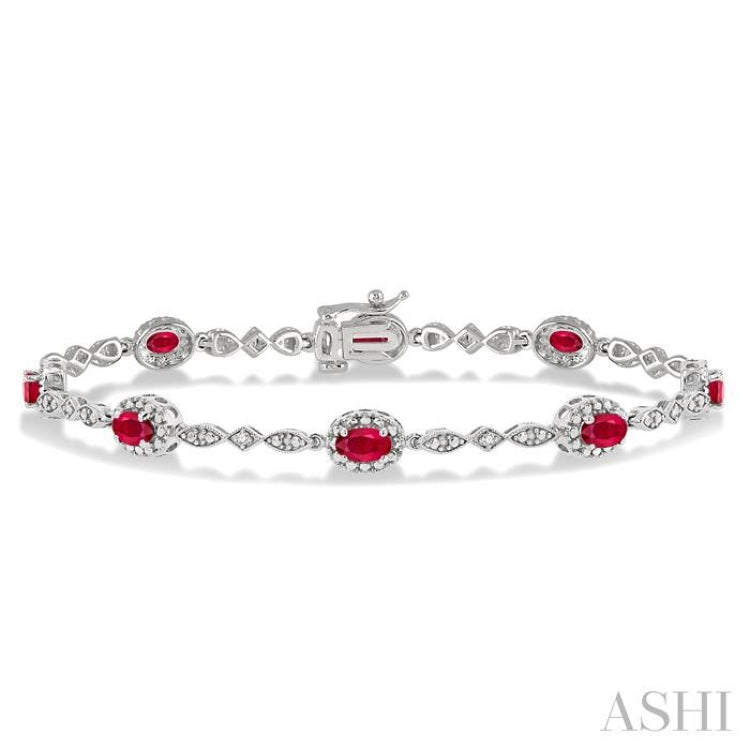 5x3 MM Oval Cut Ruby and 1/20 Ctw Single Cut Diamond Bracelet in 10K White Gold 5x3 MM Oval Cut Ruby and 1/20 Ctw Single Cut Diamond Bracelet in 10K White Gold