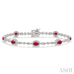 5x3 MM Oval Cut Ruby and 1/20 Ctw Single Cut Diamond Bracelet in 10K White Gold 5x3 MM Oval Cut Ruby and 1/20 Ctw Single Cut Diamond Bracelet in 10K White Gold
