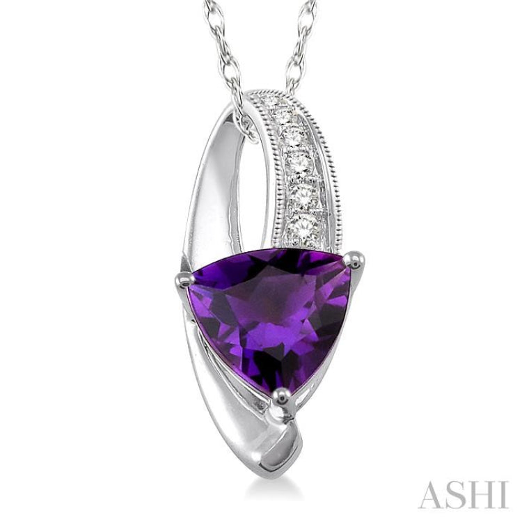 8x8 MM Trillion Cut Amethyst and 1/20 Ctw Single Cut Diamond Pendant in 10K White Gold with Chain 8x8 MM Trillion Cut Amethyst and 1/20 Ctw Single Cut Diamond Pendant in 10K White Gold with Chain