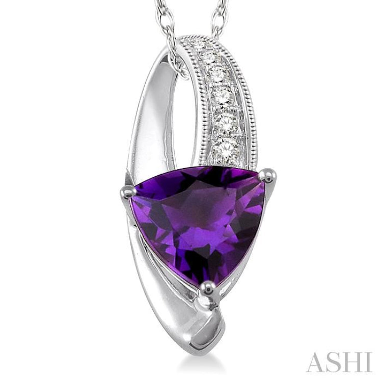 8x8 MM Trillion Cut Amethyst and 1/20 Ctw Single Cut Diamond Pendant in 10K White Gold with Chain 8x8 MM Trillion Cut Amethyst and 1/20 Ctw Single Cut Diamond Pendant in 10K White Gold with Chain
