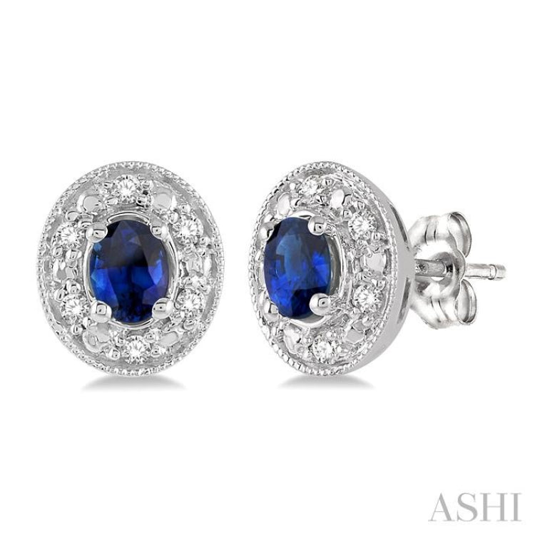 4x3 MM Oval Shaped Sapphire and 1/10 ctw Single Cut Diamond Earrings in 14K White Gold 4x3 MM Oval Shaped Sapphire and 1/10 ctw Single Cut Diamond Earrings in 14K White Gold